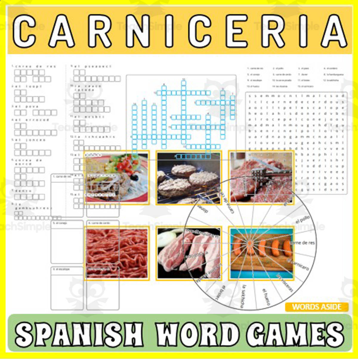 An educational teaching resource from WORDS ASIDE entitled Spanish Word Games | Crossword Wordsearch Anagram | MEAT MARKET downloadable at Teach Simple.