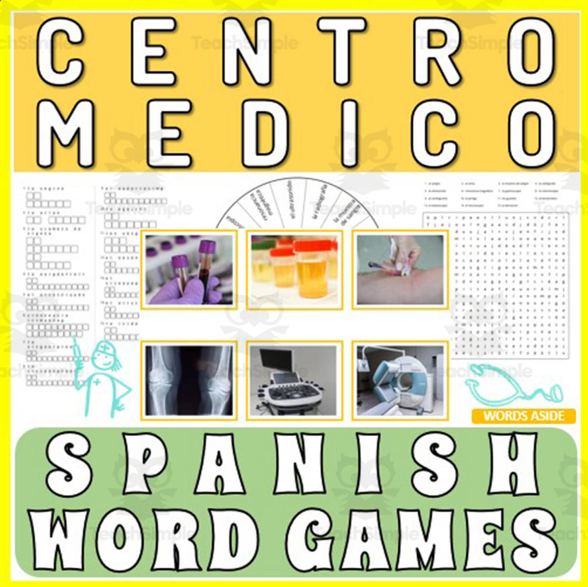 An educational teaching resource from WORDS ASIDE entitled Spanish Word Games | Crossword Wordsearch Anagram | MEDICAL CENTER downloadable at Teach Simple.