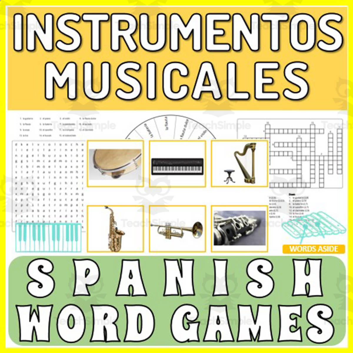 An educational teaching resource from WORDS ASIDE entitled Spanish Word Games | Crossword Wordsearch Anagram | MUSIC downloadable at Teach Simple.
