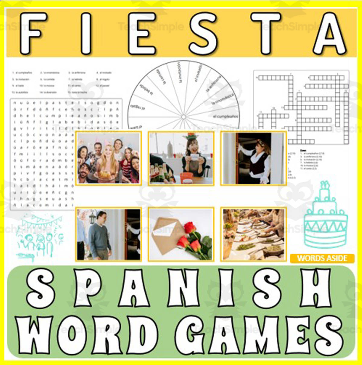 An educational teaching resource from WORDS ASIDE entitled Spanish Word Games | Crossword Wordsearch Anagram | PARTY downloadable at Teach Simple.