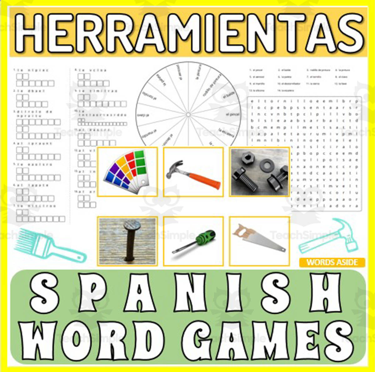 An educational teaching resource from WORDS ASIDE entitled Spanish Word Games | Crossword Wordsearch Anagram | TOOLS PAINTS downloadable at Teach Simple.