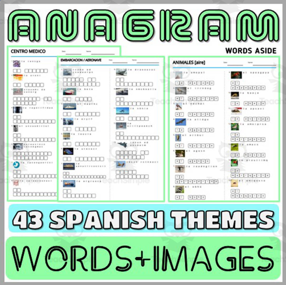 An educational teaching resource from WORDS ASIDE entitled Spanish Word Games Puzzles Anagram Themes downloadable at Teach Simple.