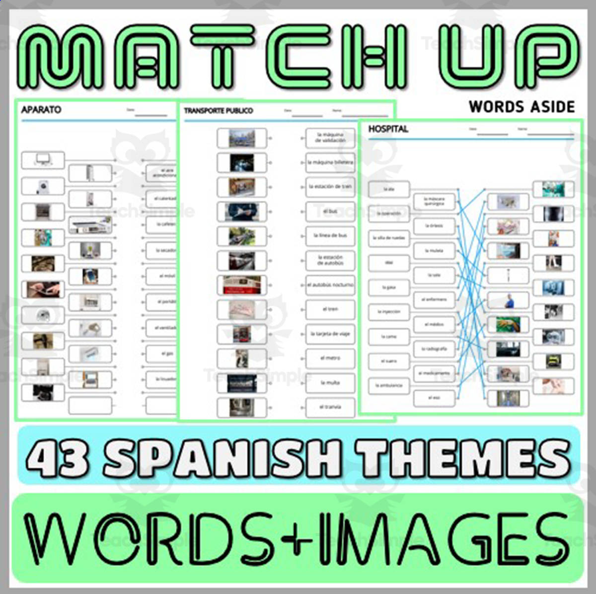 An educational teaching resource from WORDS ASIDE entitled Spanish Word Games with Puzzles Matching Themes downloadable at Teach Simple.