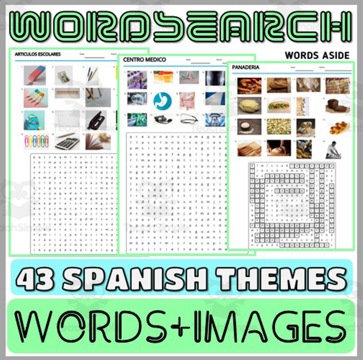 An educational teaching resource from WORDS ASIDE entitled Spanish Word Games with Puzzles Word Search Themes downloadable at Teach Simple.