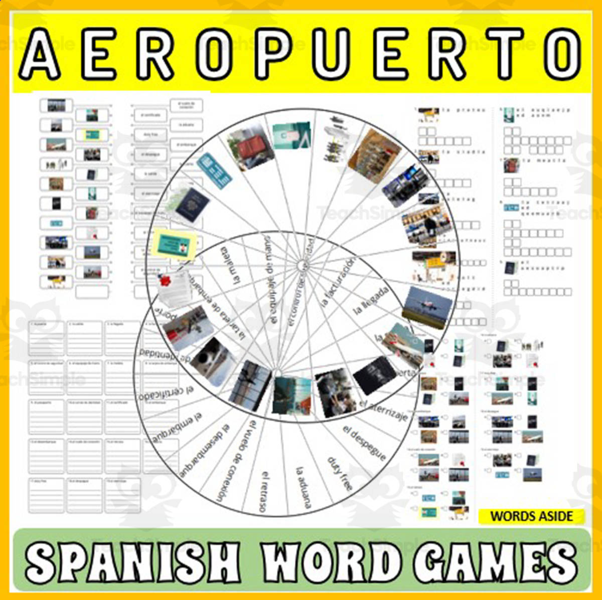 An educational teaching resource from WORDS ASIDE entitled Spanish Word Puzzles Crossword Wordsearch Anagram AIRPORT downloadable at Teach Simple.