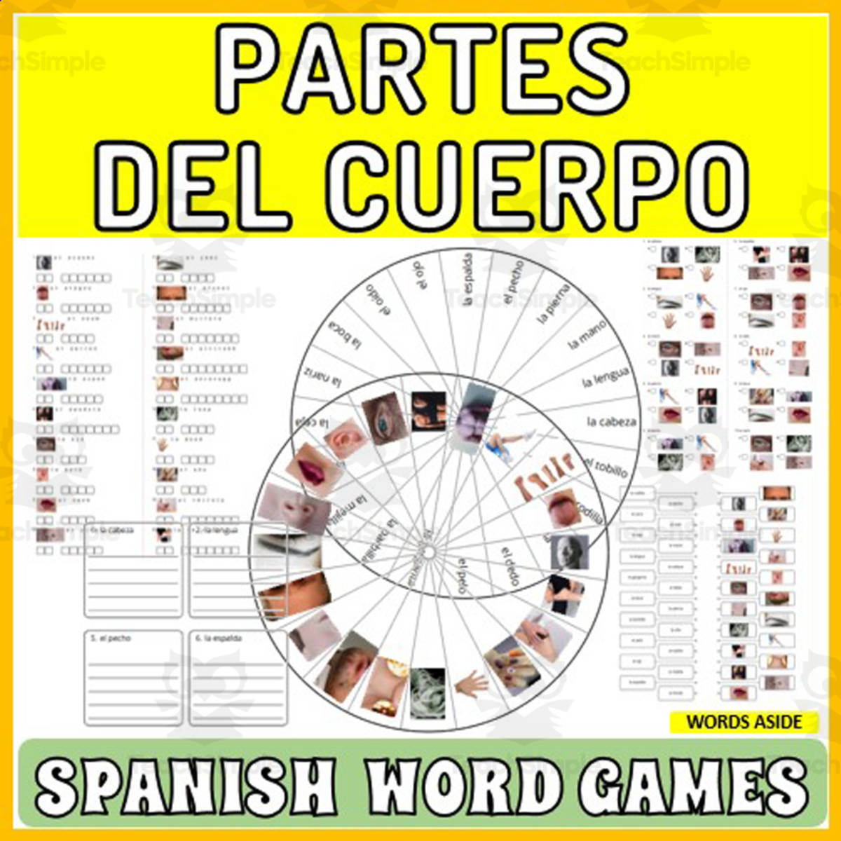 An educational teaching resource from WORDS ASIDE entitled Spanish Word Puzzles Crossword Wordsearch Anagram BODY PARTS downloadable at Teach Simple.