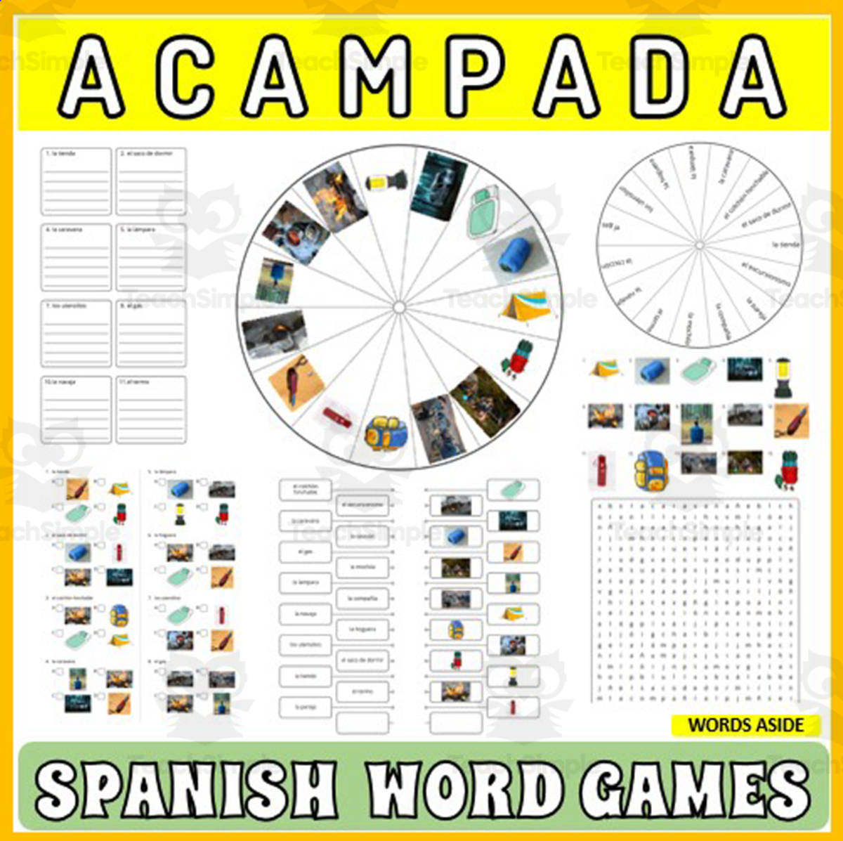 An educational teaching resource from WORDS ASIDE entitled Spanish Word Puzzles Crossword Wordsearch Anagram CAMPING downloadable at Teach Simple.