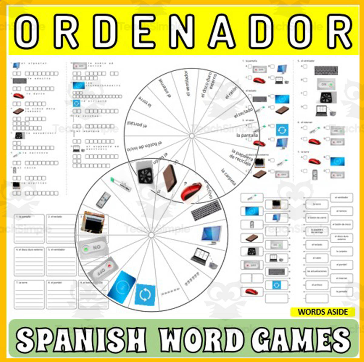 An educational teaching resource from WORDS ASIDE entitled Spanish Word Puzzles Crossword Wordsearch Anagram COMPUTER downloadable at Teach Simple.