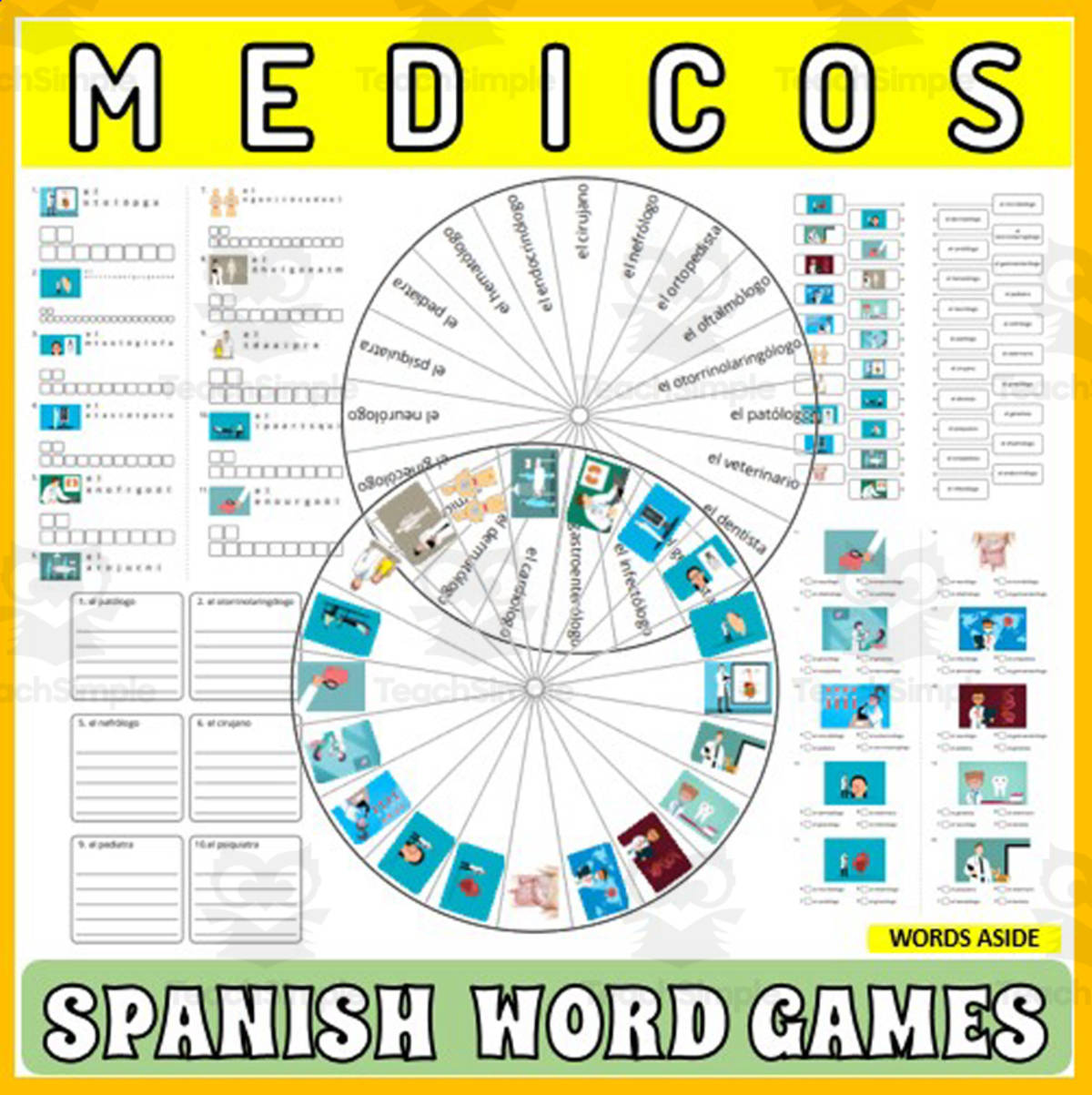 An educational teaching resource from WORDS ASIDE entitled Spanish Word Puzzles Crossword Wordsearch Anagram DOCTORS downloadable at Teach Simple.