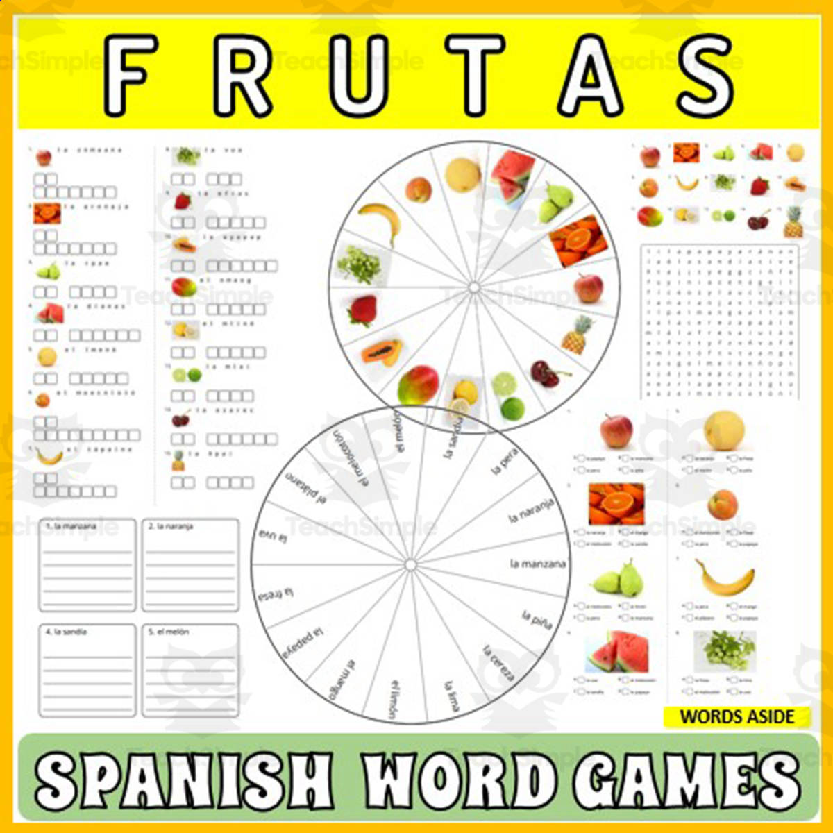 An educational teaching resource from WORDS ASIDE entitled Spanish Word Puzzles Crossword Wordsearch Anagram FRUITS downloadable at Teach Simple.