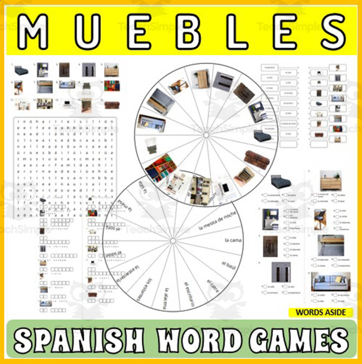 An educational teaching resource from WORDS ASIDE entitled Spanish Word Puzzles Crossword Wordsearch Anagram FURNITURE downloadable at Teach Simple.
