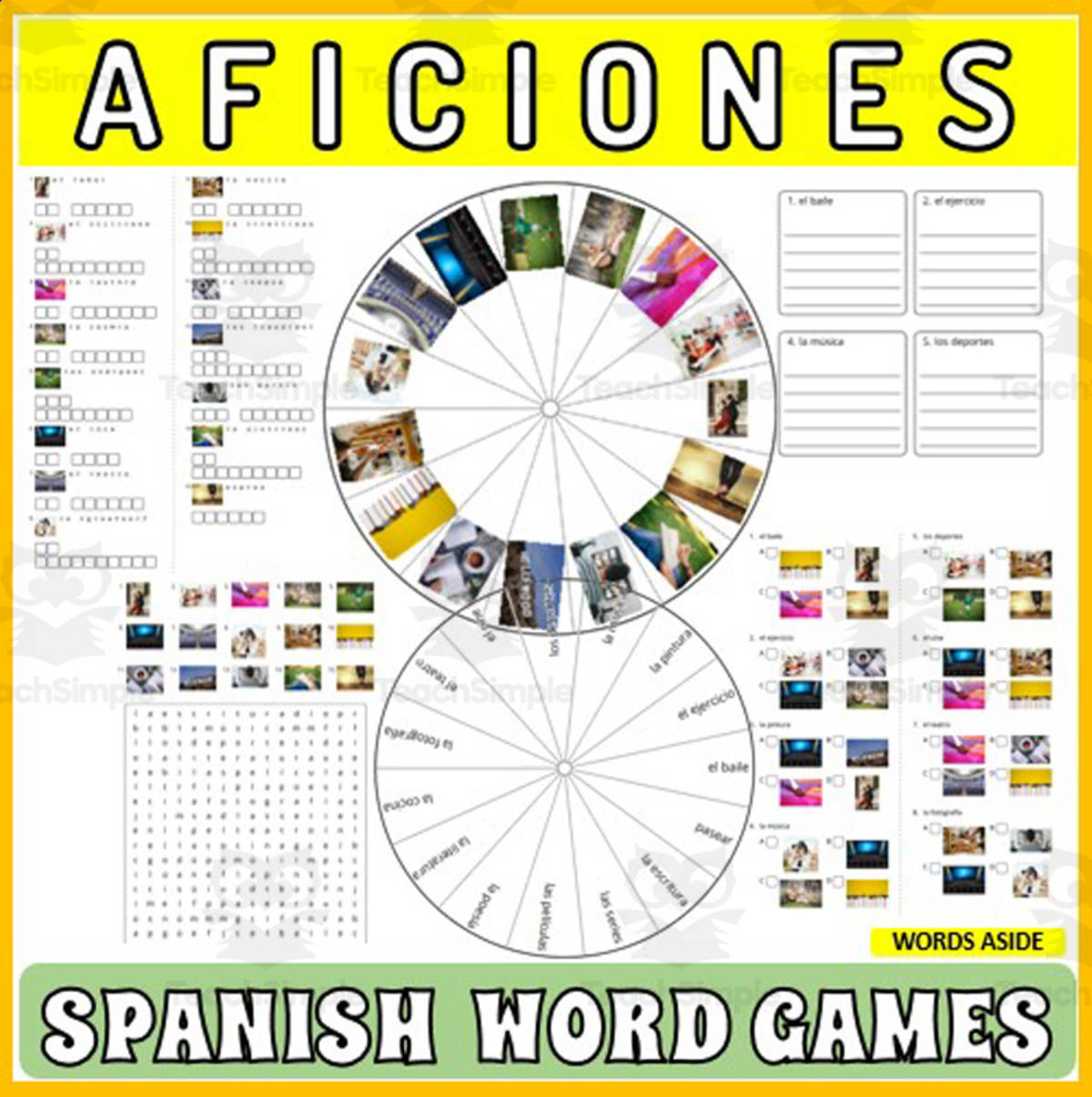 An educational teaching resource from WORDS ASIDE entitled Spanish Word Puzzles Crossword Wordsearch Anagram HOBBIES downloadable at Teach Simple.