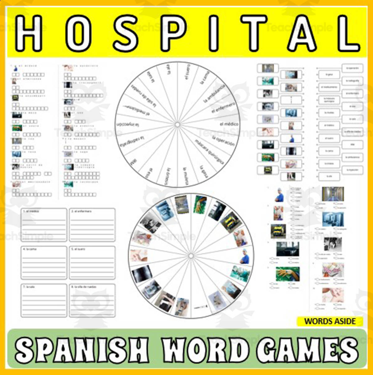 An educational teaching resource from WORDS ASIDE entitled Spanish Word Puzzles Crossword Wordsearch Anagram HOSPITAL downloadable at Teach Simple.