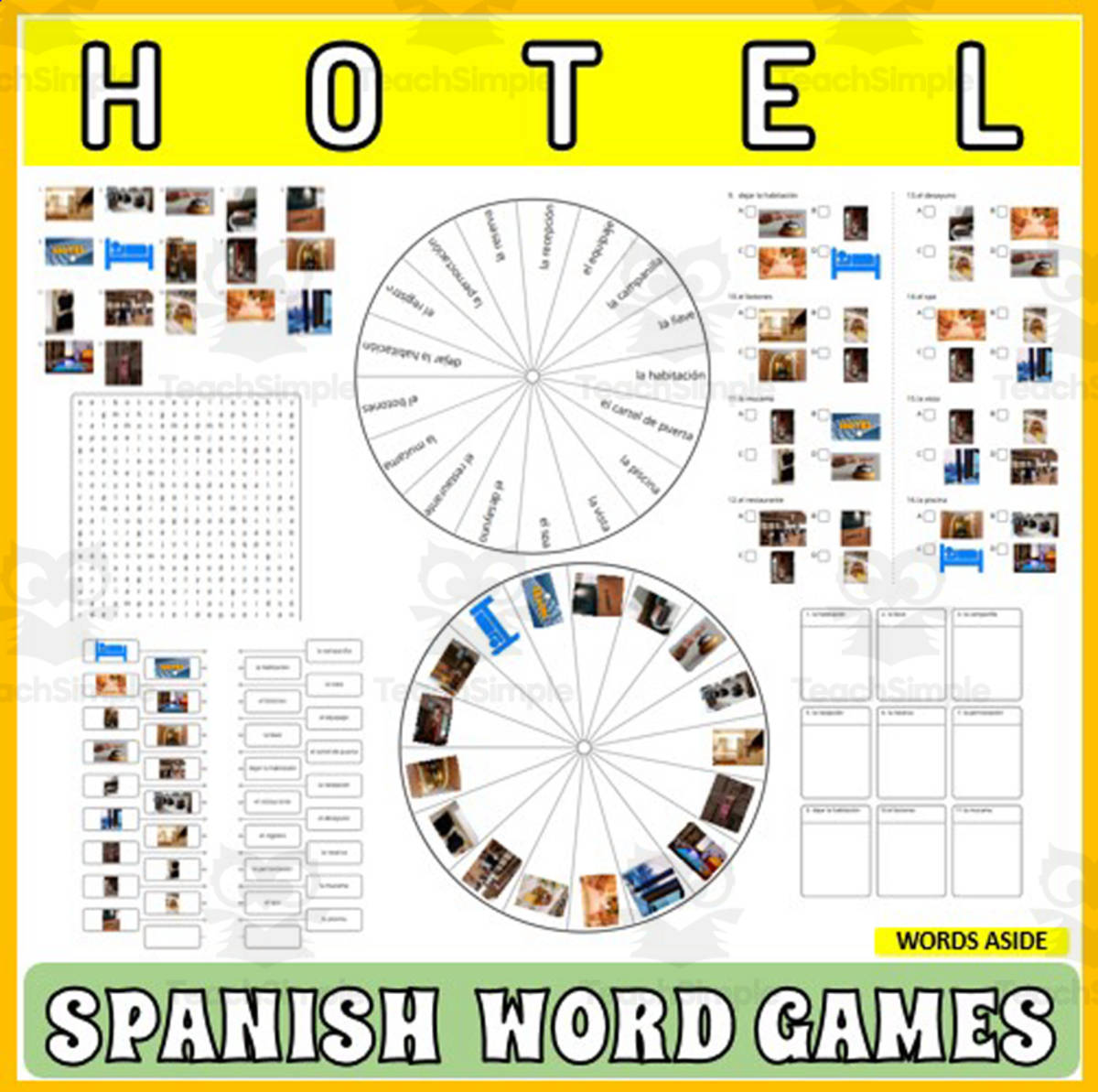 An educational teaching resource from WORDS ASIDE entitled Spanish Word Puzzles Crossword Wordsearch Anagram HOTEL downloadable at Teach Simple.