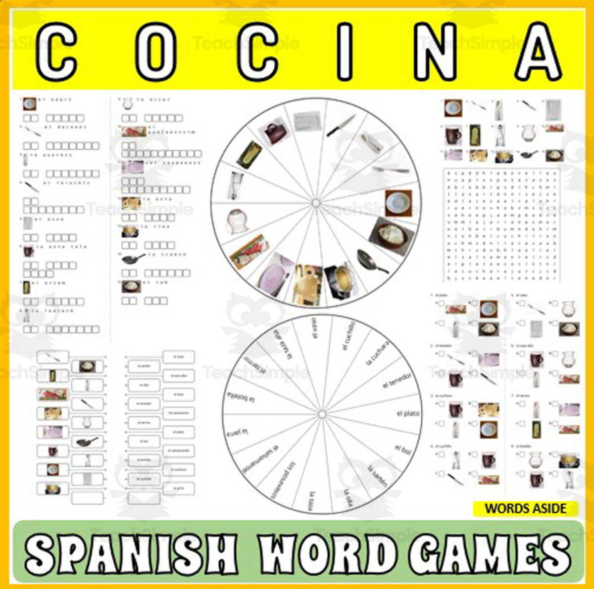 An educational teaching resource from WORDS ASIDE entitled Spanish Word Puzzles Crossword Wordsearch Anagram KITCHEN downloadable at Teach Simple.