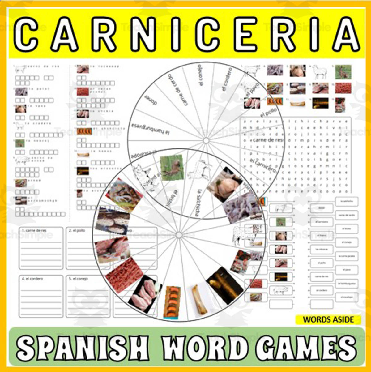 An educational teaching resource from WORDS ASIDE entitled Spanish Word Puzzles Crossword Wordsearch Anagram MEAT MARKET downloadable at Teach Simple.