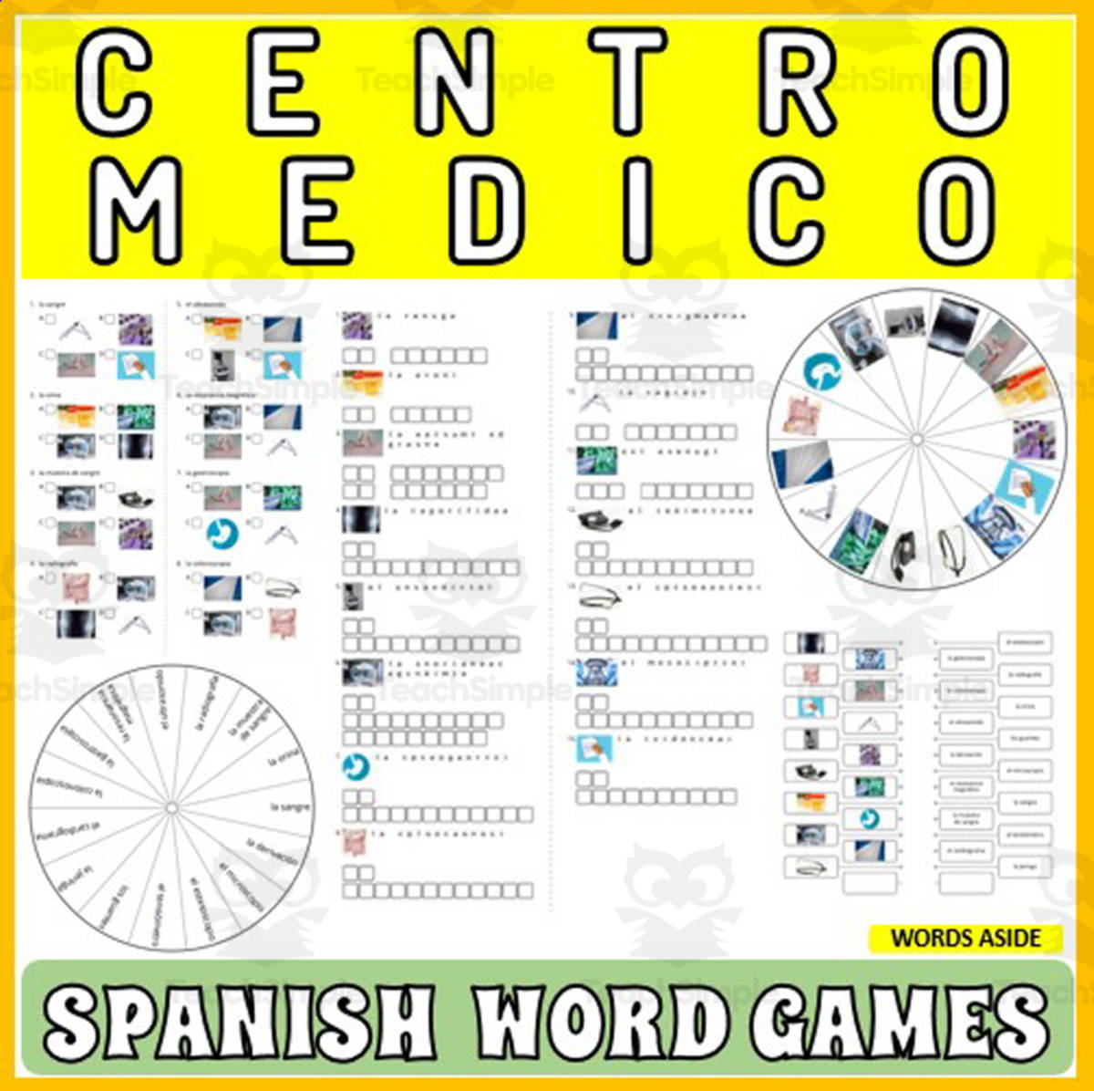 An educational teaching resource from WORDS ASIDE entitled Spanish Word Puzzles Crossword Wordsearch Anagram MEDICAL CENTER downloadable at Teach Simple.