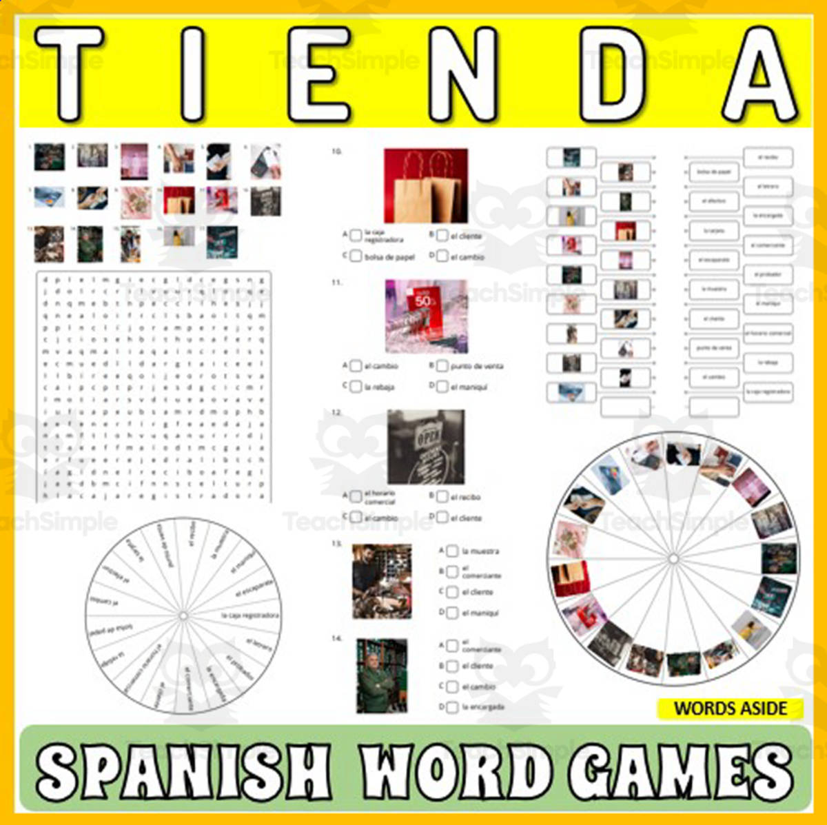 An educational teaching resource from WORDS ASIDE entitled Spanish Word Puzzles Crossword Wordsearch Anagram SHOP downloadable at Teach Simple.