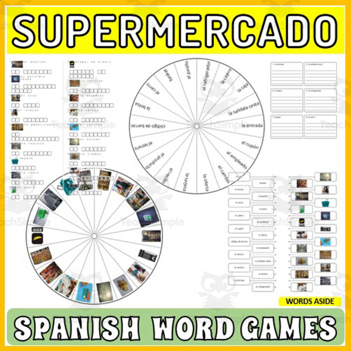 An educational teaching resource from WORDS ASIDE entitled Spanish Word Puzzles Crossword Wordsearch Anagram SUPERMARKET downloadable at Teach Simple.