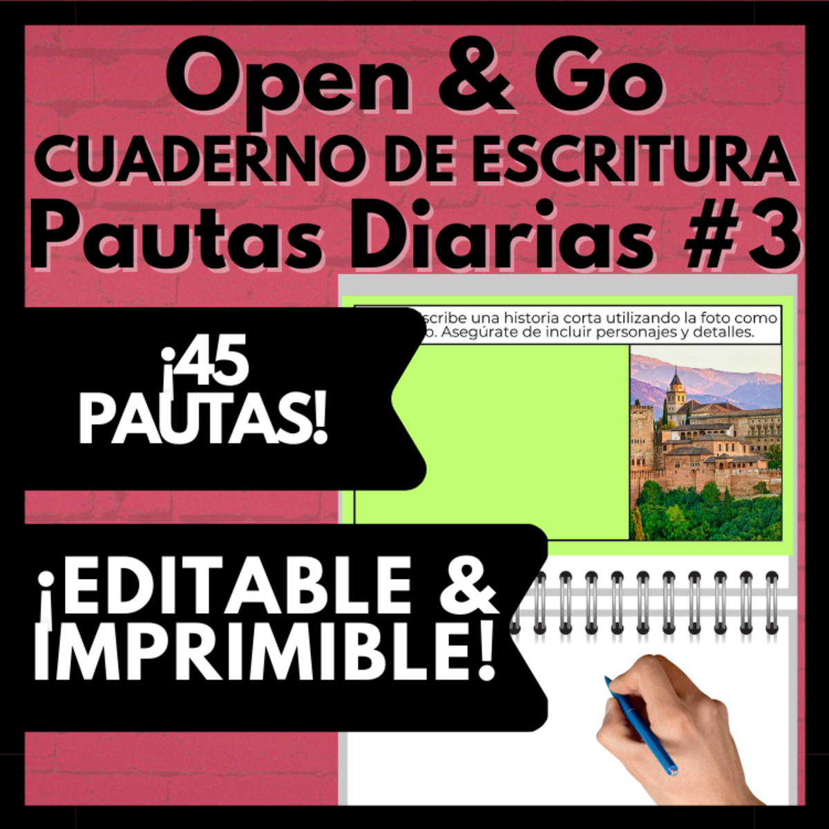 An educational teaching resource from Melissa Is Teaching entitled Spanish Writing Prompt Journal, 45-Days Warm-Up, Editable #3 downloadable at Teach Simple.