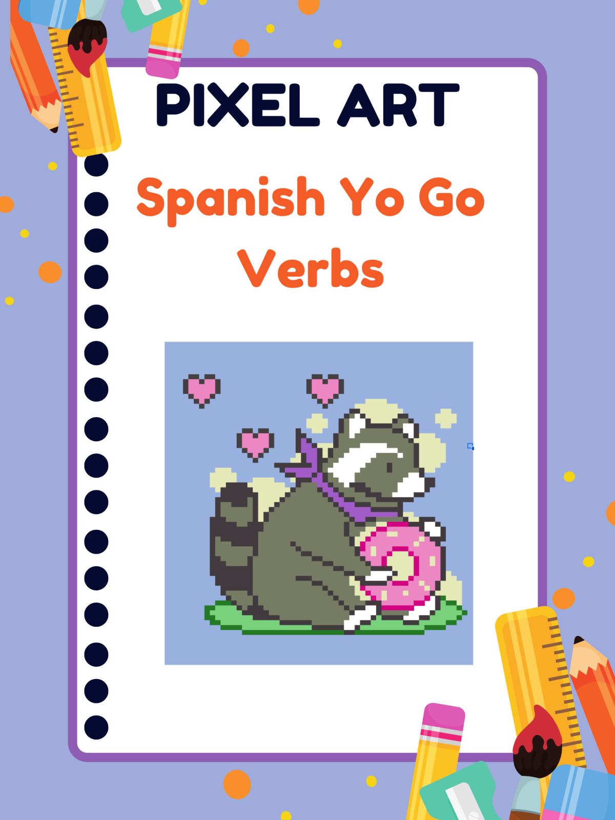 An educational teaching resource from Mi Clase Divertida entitled Spanish Yo Go Verbs | Pixel Art downloadable at Teach Simple.