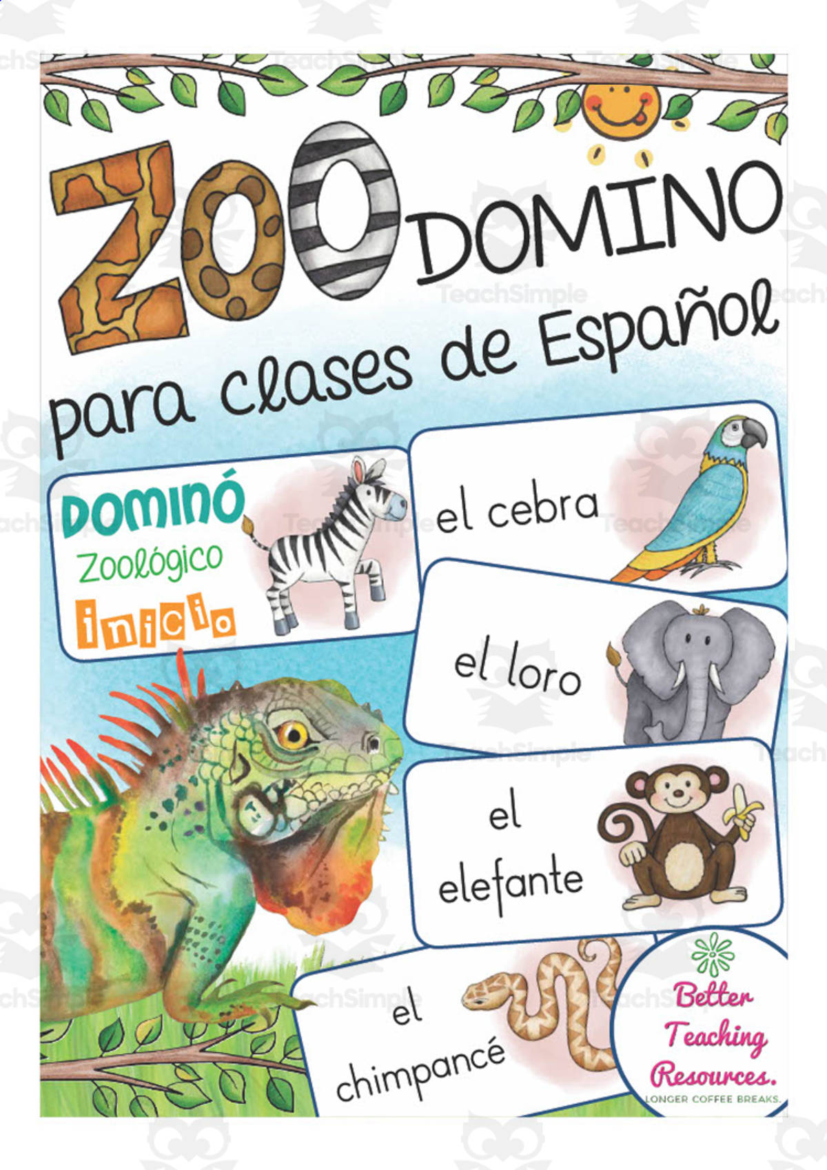 An educational teaching resource from Better Teaching Resources entitled Spanish: Zoo Animals Domino Game | Vocabulary Practice Activity downloadable at Teach Simple.
