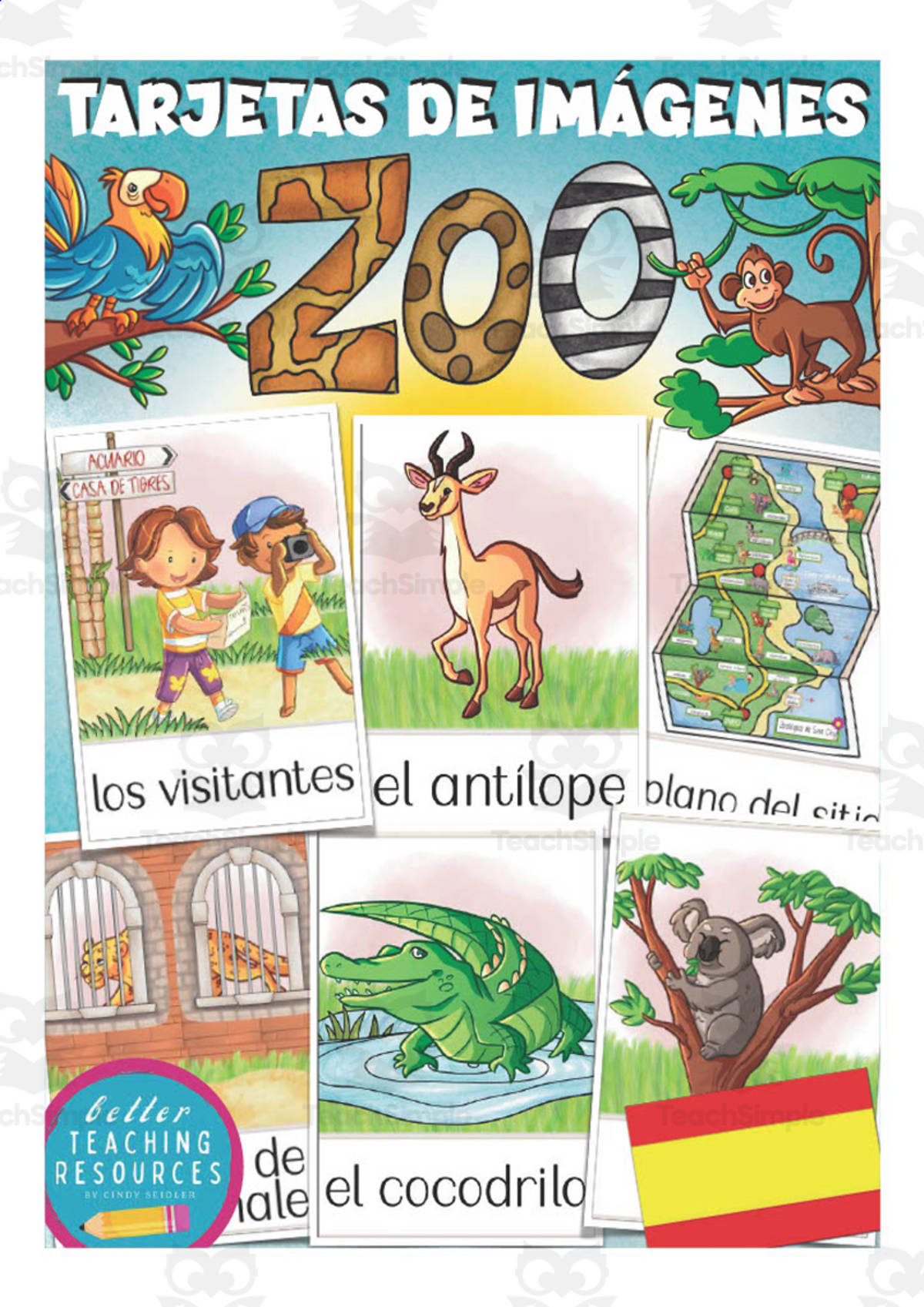 An educational teaching resource from Better Teaching Resources entitled Spanish: Zoo Flash Cards downloadable at Teach Simple.