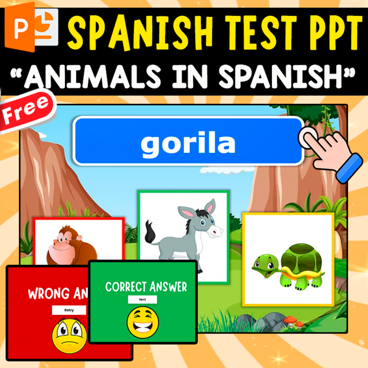 An educational teaching resource from EDITORIAL LAURA EDUCA entitled SPANSH TEST QUIZ PPT | ANIMALES EN ESPAÑOL downloadable at Teach Simple.