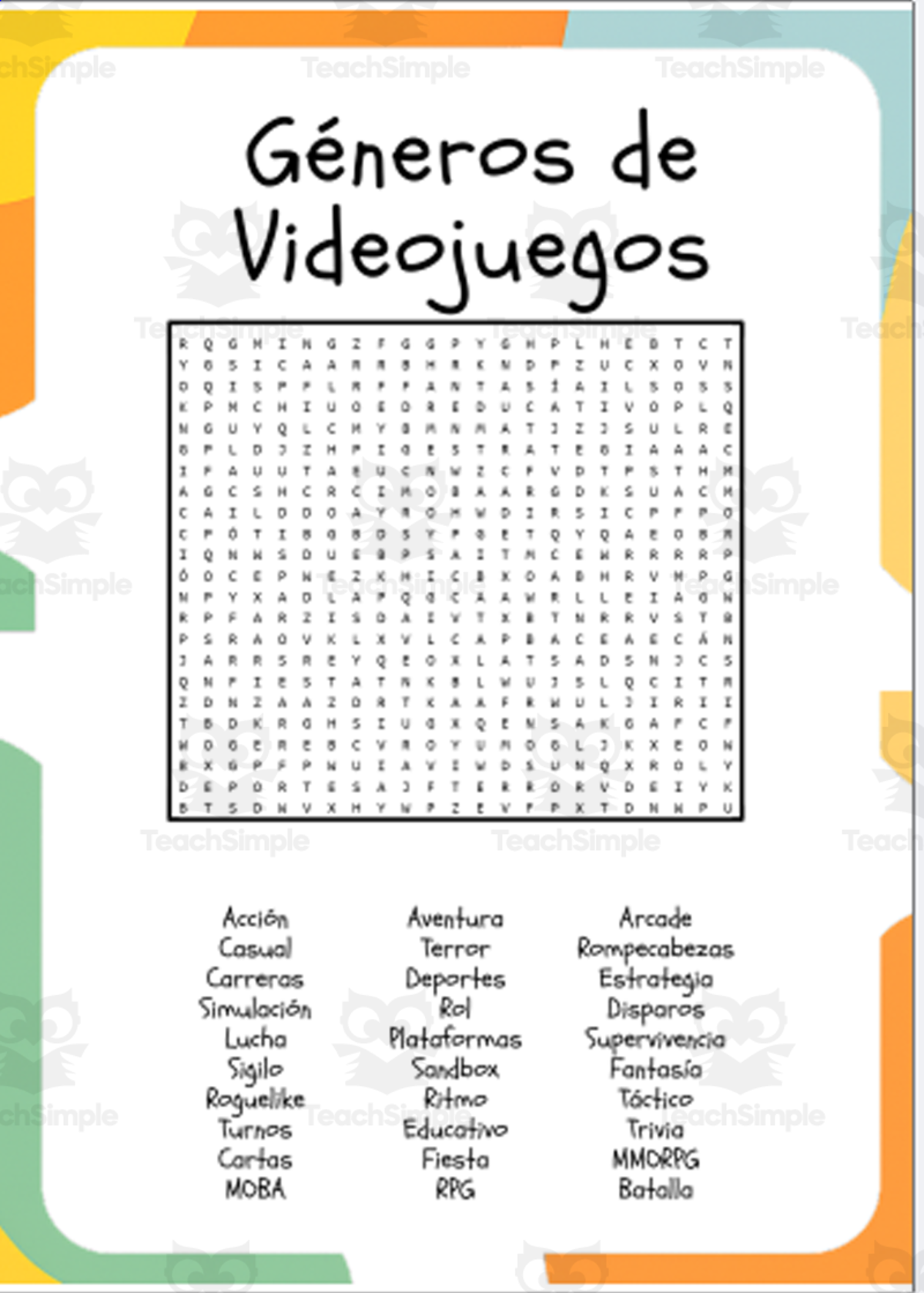 Spansh Video Game Genres Word Scramble & Word Search Puzzle preview