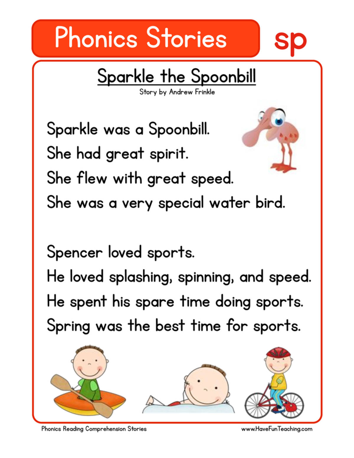 An educational teaching resource from Have Fun Teaching entitled Sparkle the Spoonbill SP Phonics Stories Reading Comprehension Worksheet downloadable at Teach Simple.