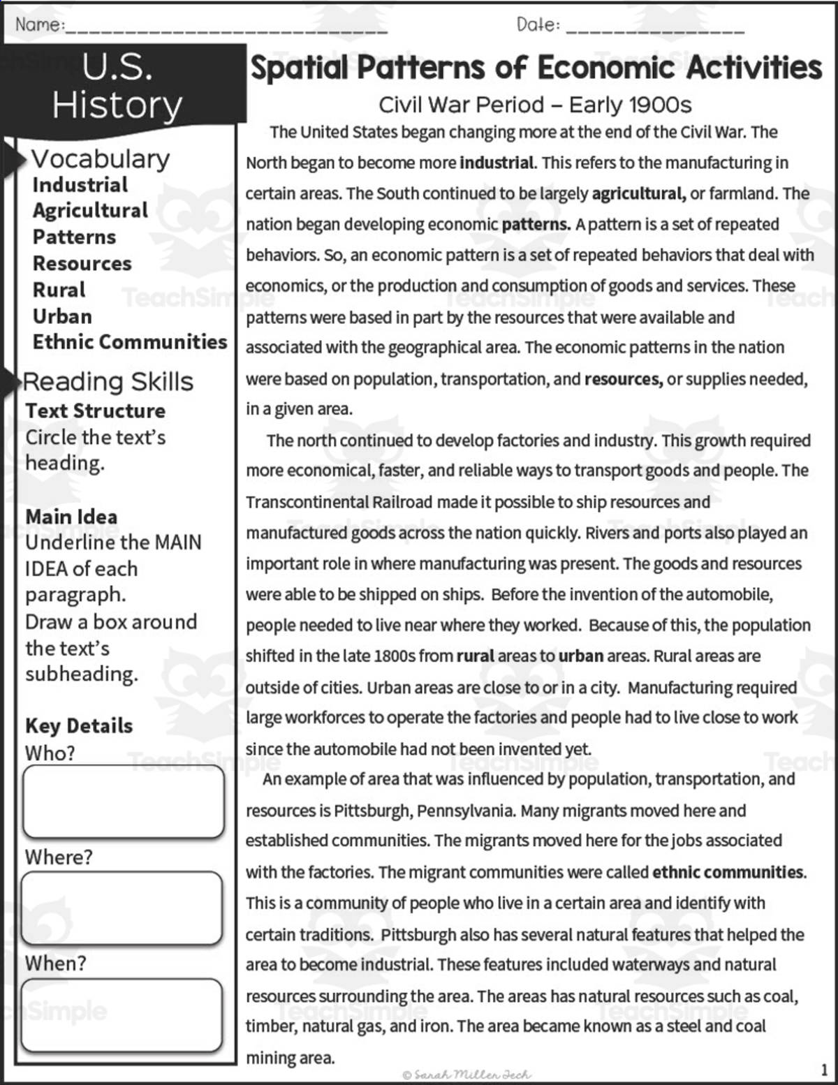 An educational teaching resource from Sarah Miller Tech entitled Spatial Patterns of Economic Activities: Civil War Period Reading Packet downloadable at Teach Simple.