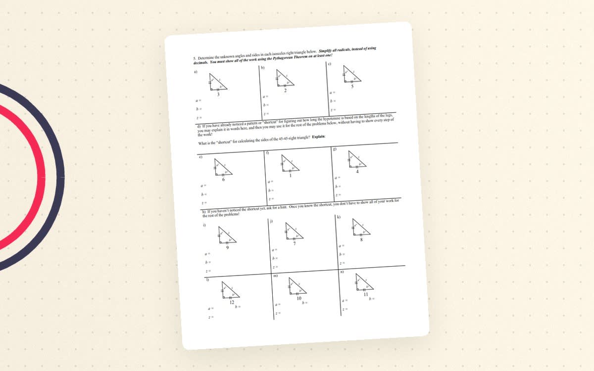 An educational teaching resource from Peter Jonnard entitled Special Right Triangles – Investigation Worksheet downloadable at Teach Simple.
