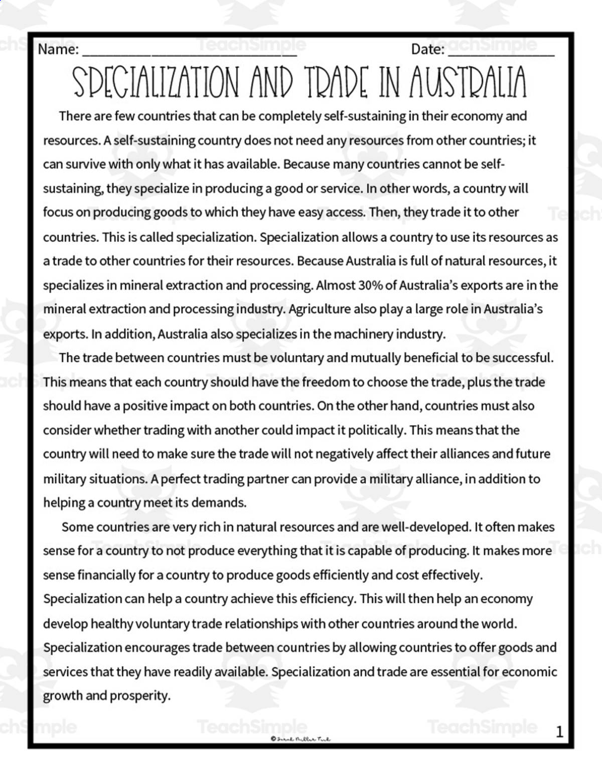 An educational teaching resource from Sarah Miller Tech entitled Specialization and Trade in Australia Reading Packet downloadable at Teach Simple.