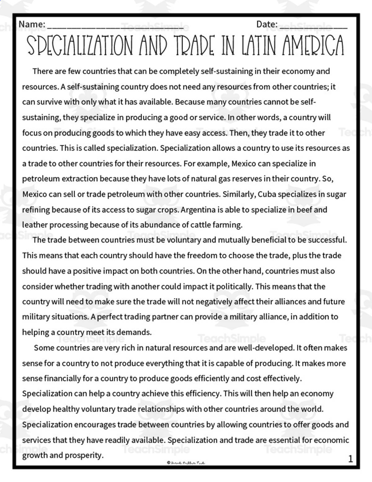 An educational teaching resource from Sarah Miller Tech entitled Specialization and Trade in Latin America Reading Packet downloadable at Teach Simple.