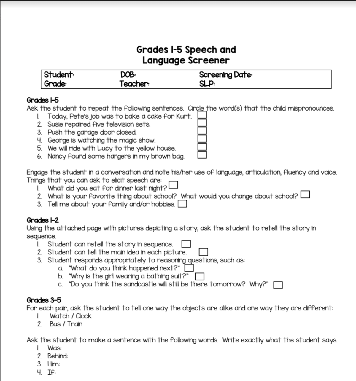 An educational teaching resource from The Tattooed Speechie entitled Speech and Language Screener - Grades 1-5 downloadable at Teach Simple.