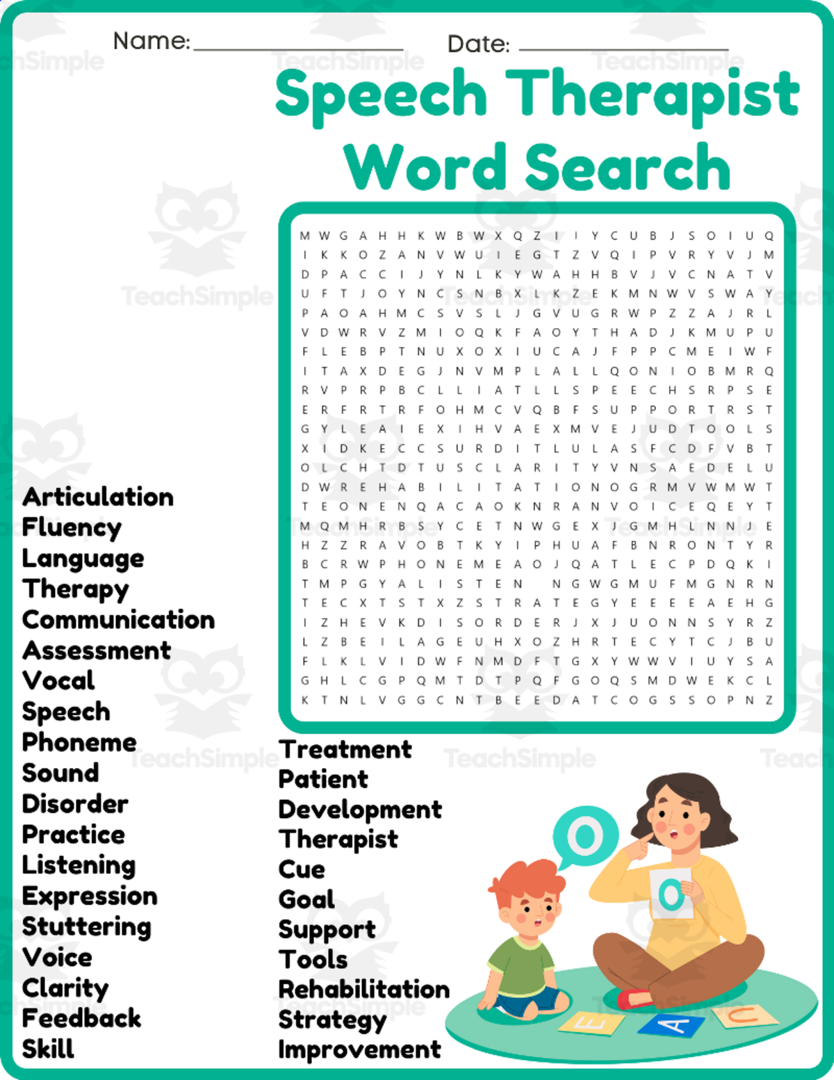 An educational teaching resource from space shope entitled Speech Therapist Word Search Puzzle Worksheet Activities downloadable at Teach Simple.