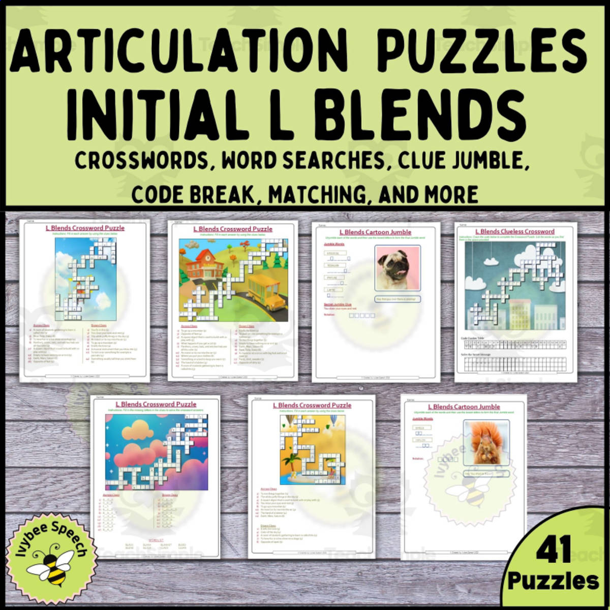 An educational teaching resource from Ivybee Speech entitled Speech Therapy Articulation L Blends Puzzles Crosswords, Codebreakers, Word Searches, Jumbles, and More downloadable at Teach Simple.