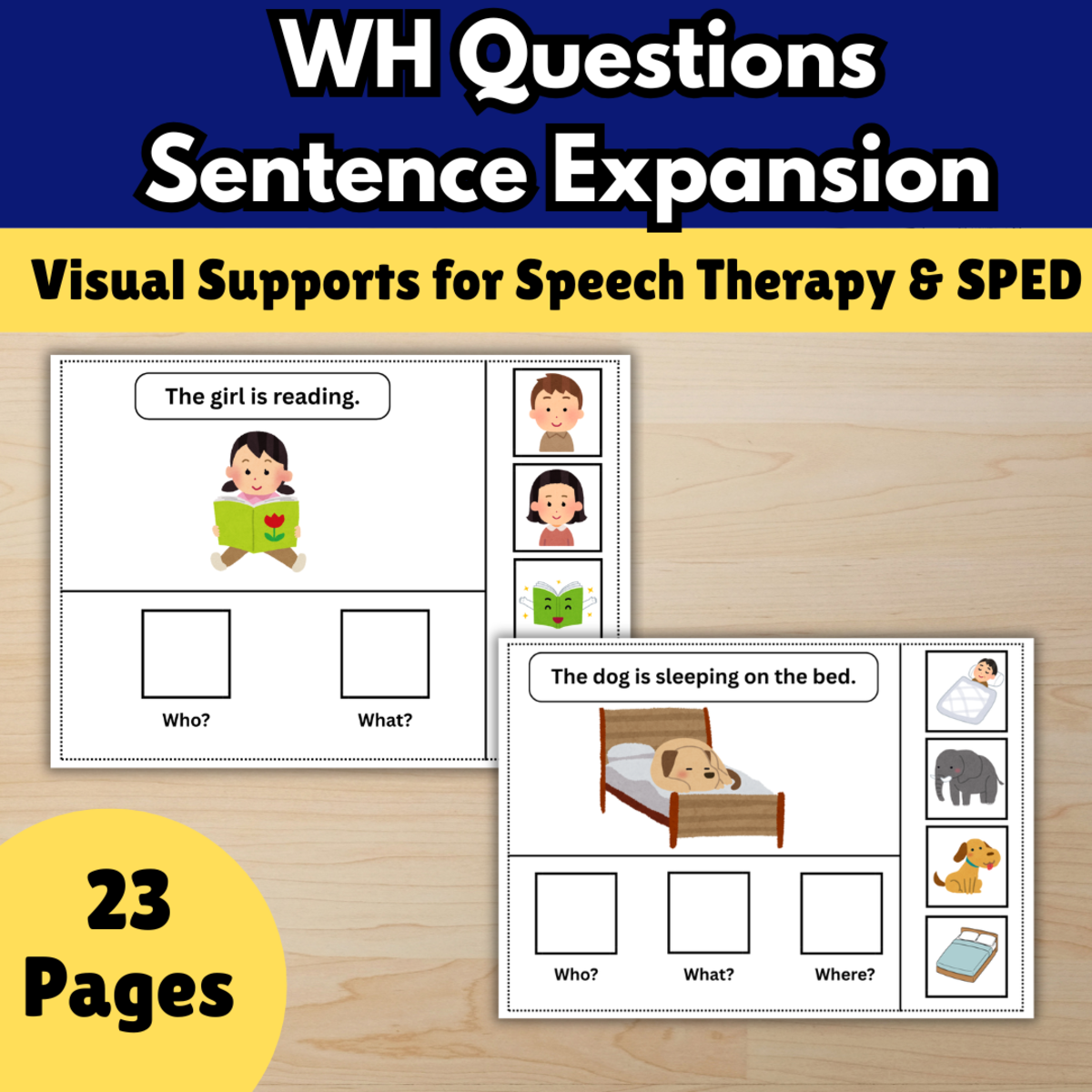An educational teaching resource from Smart Minds entitled Speech Therapy WH Questions ,Visual Choices Sentence Expansion downloadable at Teach Simple.