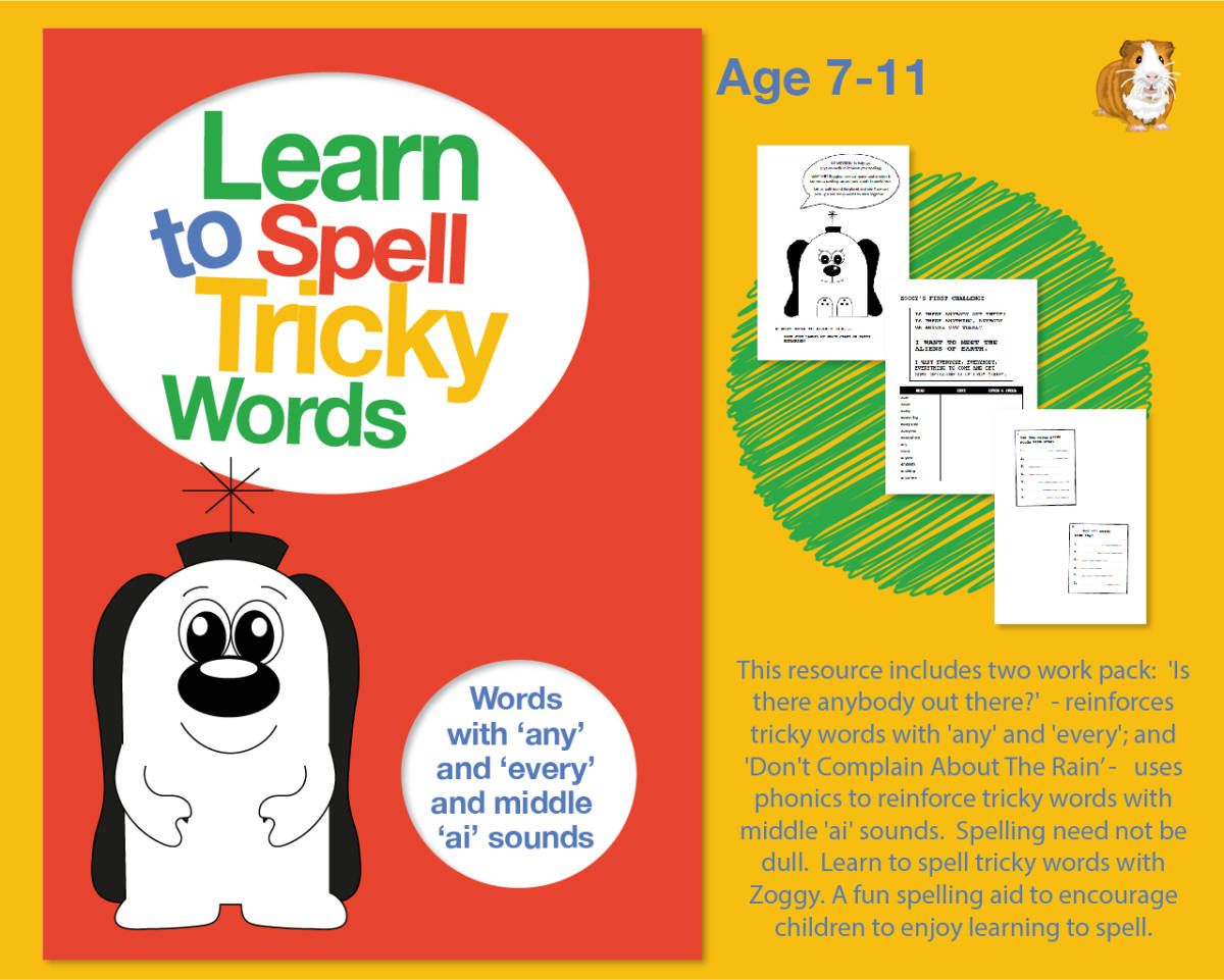 An educational teaching resource from Guinea Pig Education entitled Spell Tricky Words with 'any' and 'every' And Middle ‘ai’ Sounds - part 1 (7-11 years) downloadable at Teach Simple.
