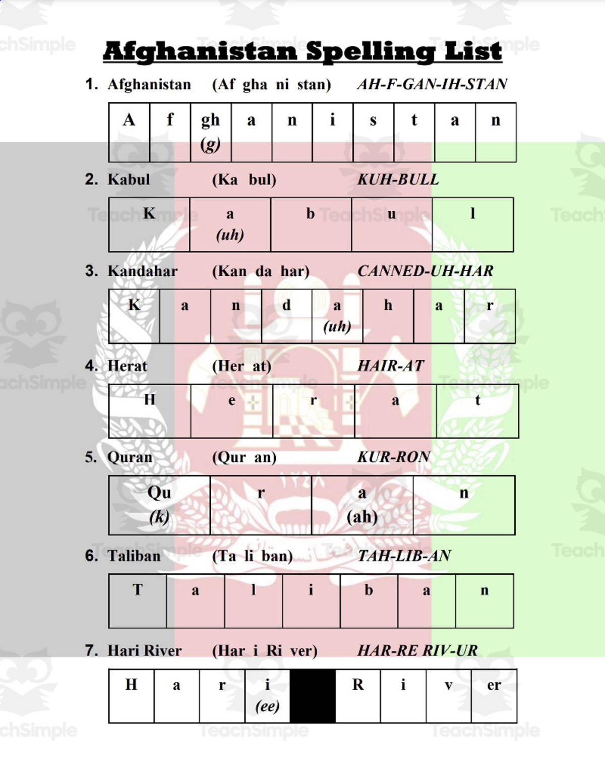 An educational teaching resource from Mr. Matthews Teacher Store entitled Spelling List: Afghanistan downloadable at Teach Simple.