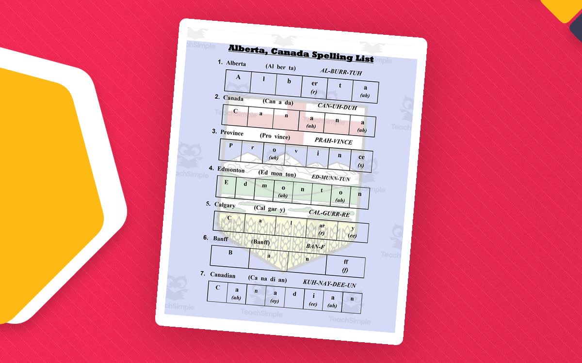 An educational teaching resource from Mr. Matthews Teacher Store entitled Spelling List: Alberta, Canada downloadable at Teach Simple.