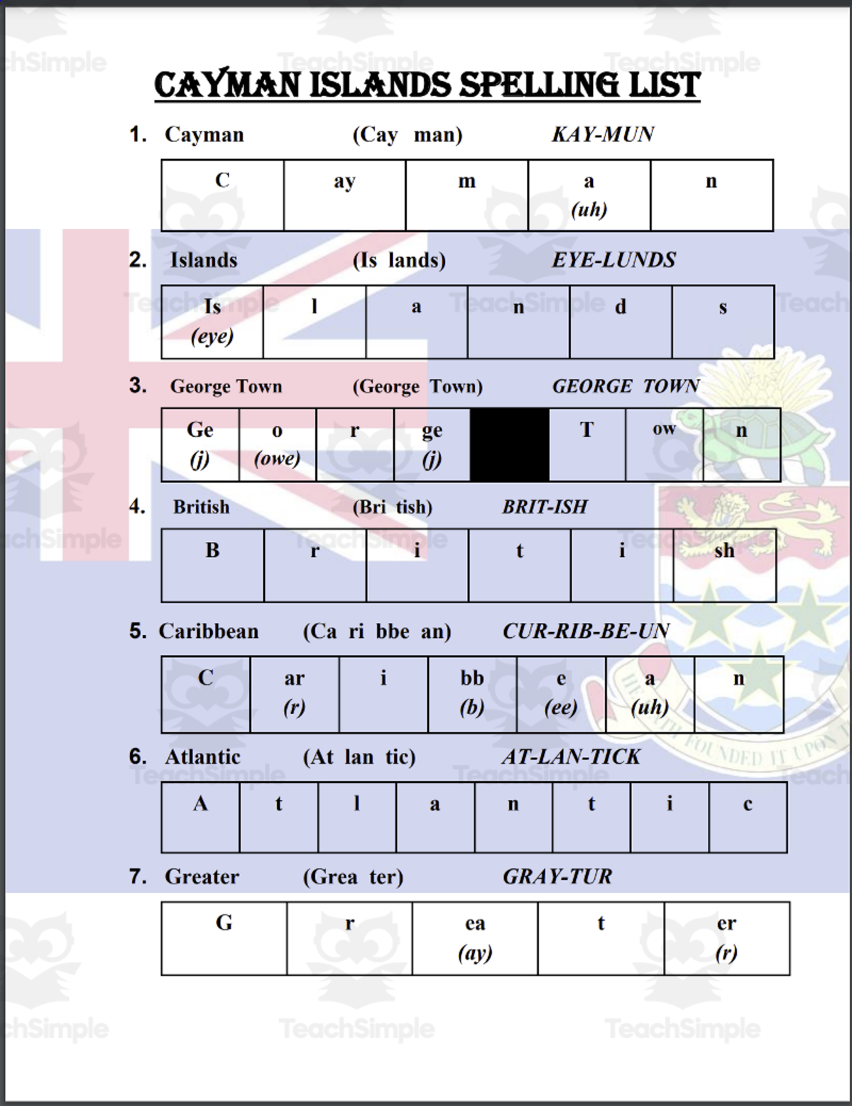 An educational teaching resource from Mr. Matthews Teacher Store entitled Spelling List: Cayman Island downloadable at Teach Simple.