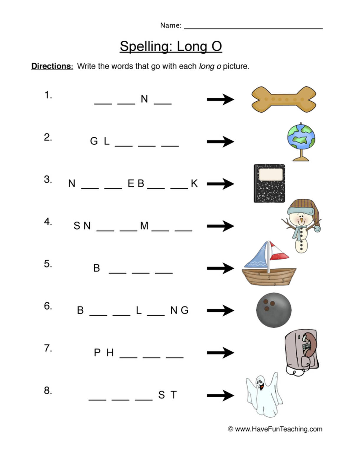 An educational teaching resource from Have Fun Teaching entitled Spelling Long O Worksheet downloadable at Teach Simple.