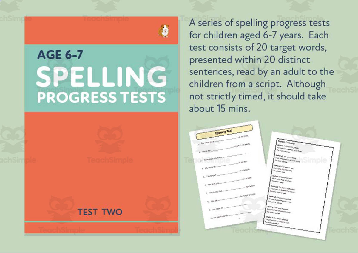 An educational teaching resource from Guinea Pig Education entitled Spelling Progress Test - Test Two - Age 6-7 (KS1) downloadable at Teach Simple.