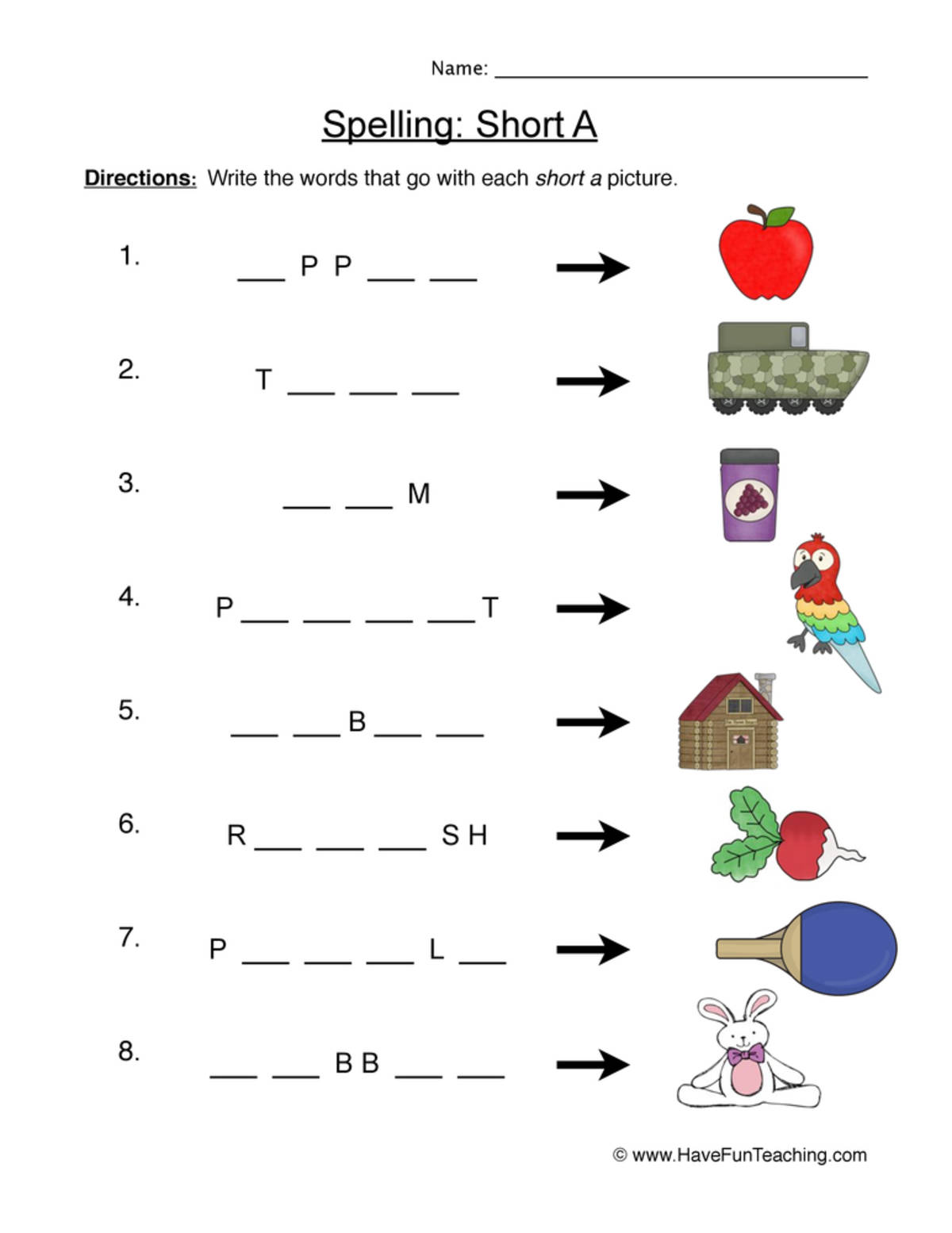 An educational teaching resource from Have Fun Teaching entitled Spelling Short A Worksheet downloadable at Teach Simple.