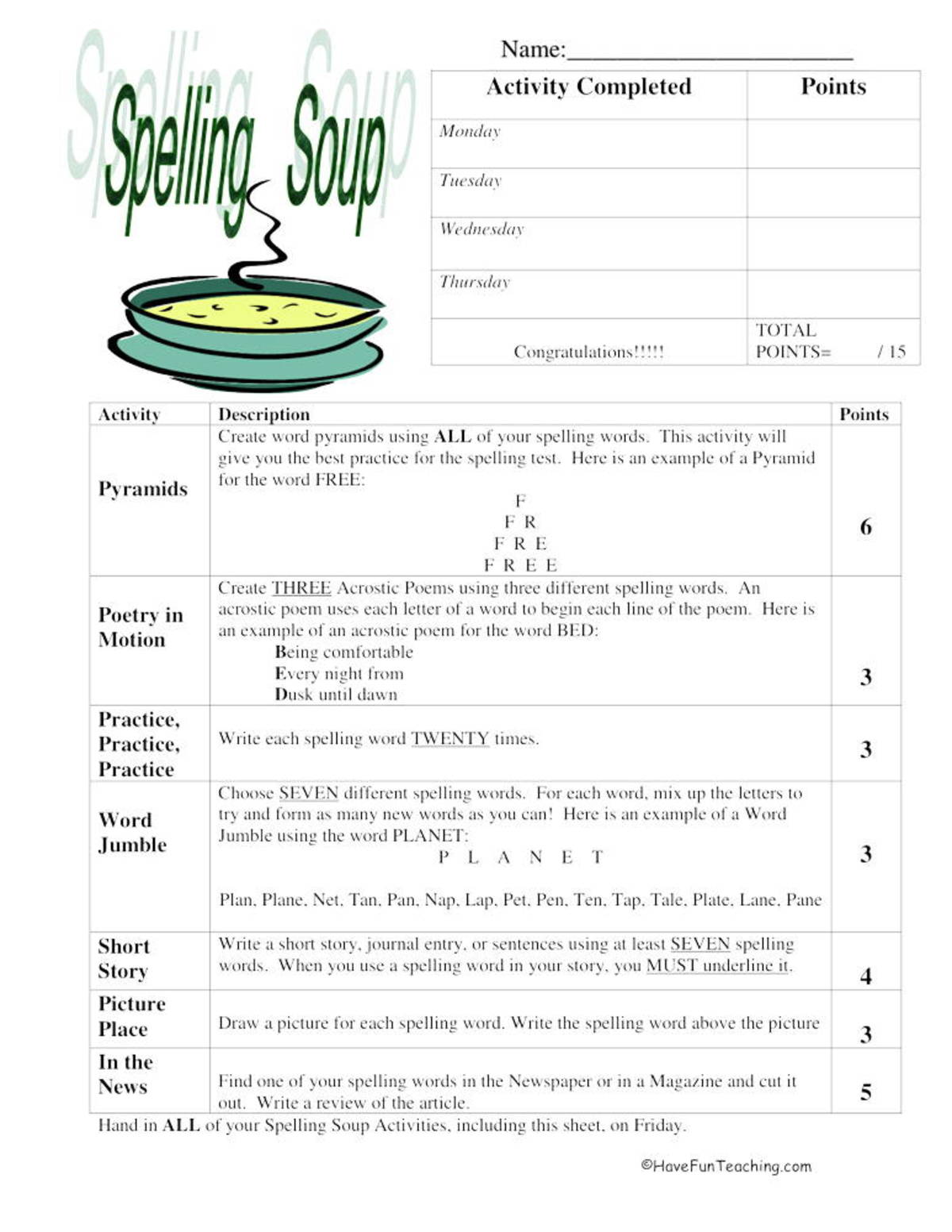 An educational teaching resource from Have Fun Teaching entitled Spelling Soup Intermediate Daily Worksheet downloadable at Teach Simple.