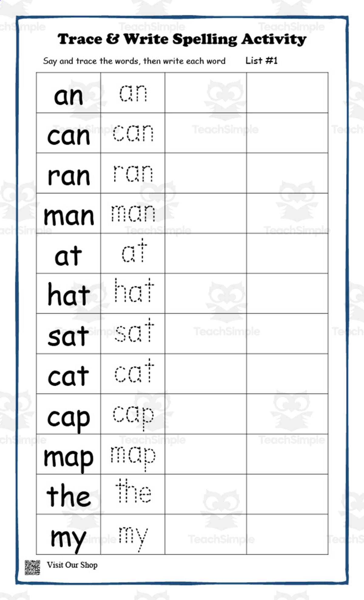 An educational teaching resource from KD's Kids School Shop entitled Spelling Words Trace and Write Activity downloadable at Teach Simple.