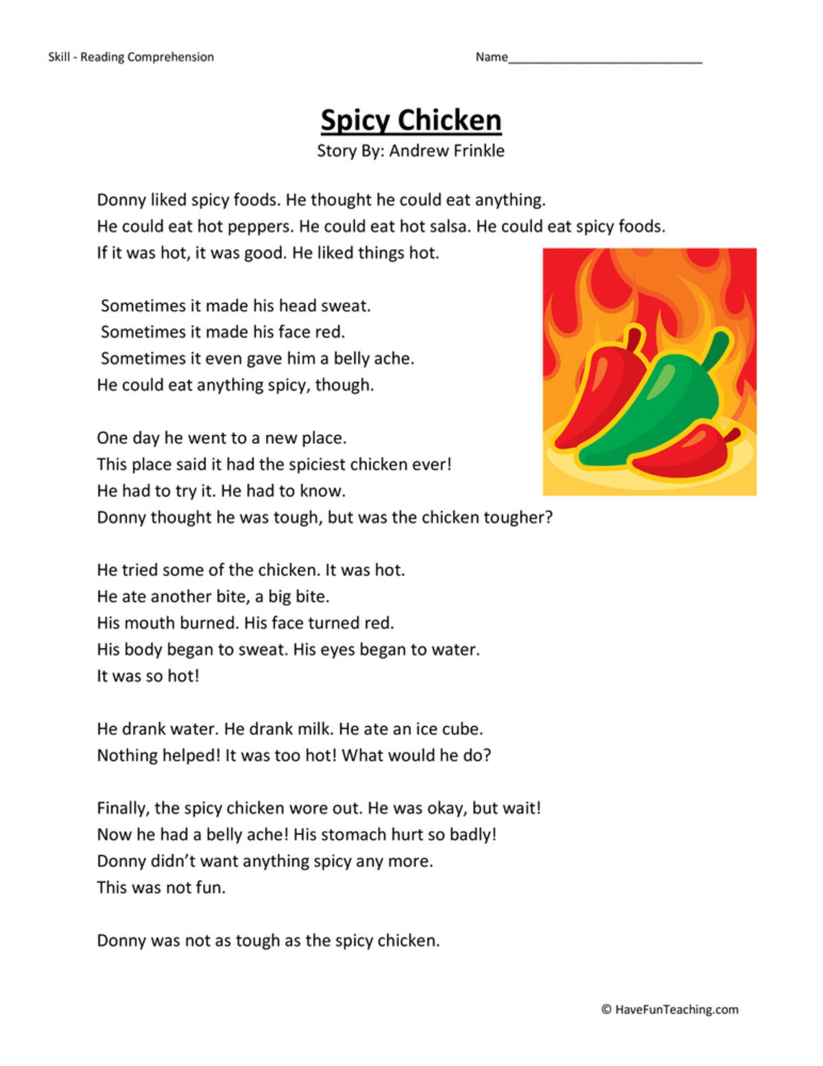 An educational teaching resource from Have Fun Teaching entitled Spicy Chicken Reading Comprehension Worksheet downloadable at Teach Simple.