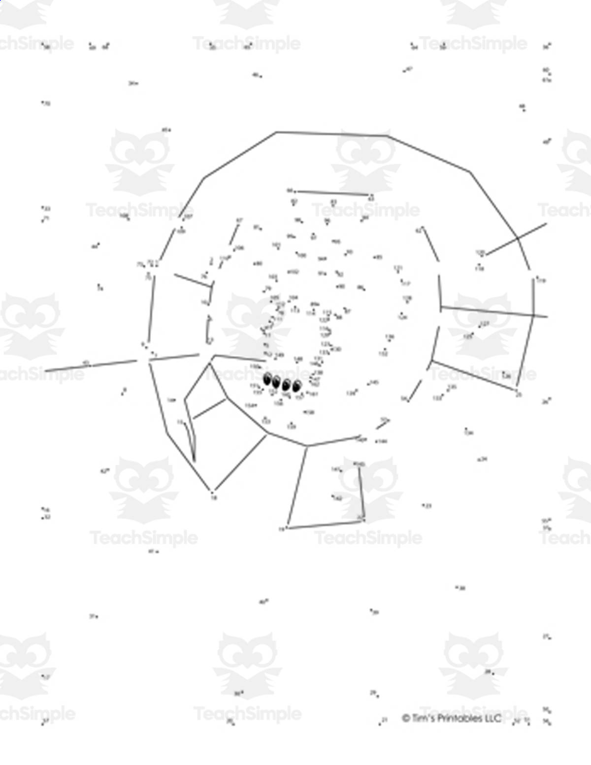 An educational teaching resource from Tim's Printables entitled Spider Dot-to-Dot / Connect the Dots PDF downloadable at Teach Simple.
