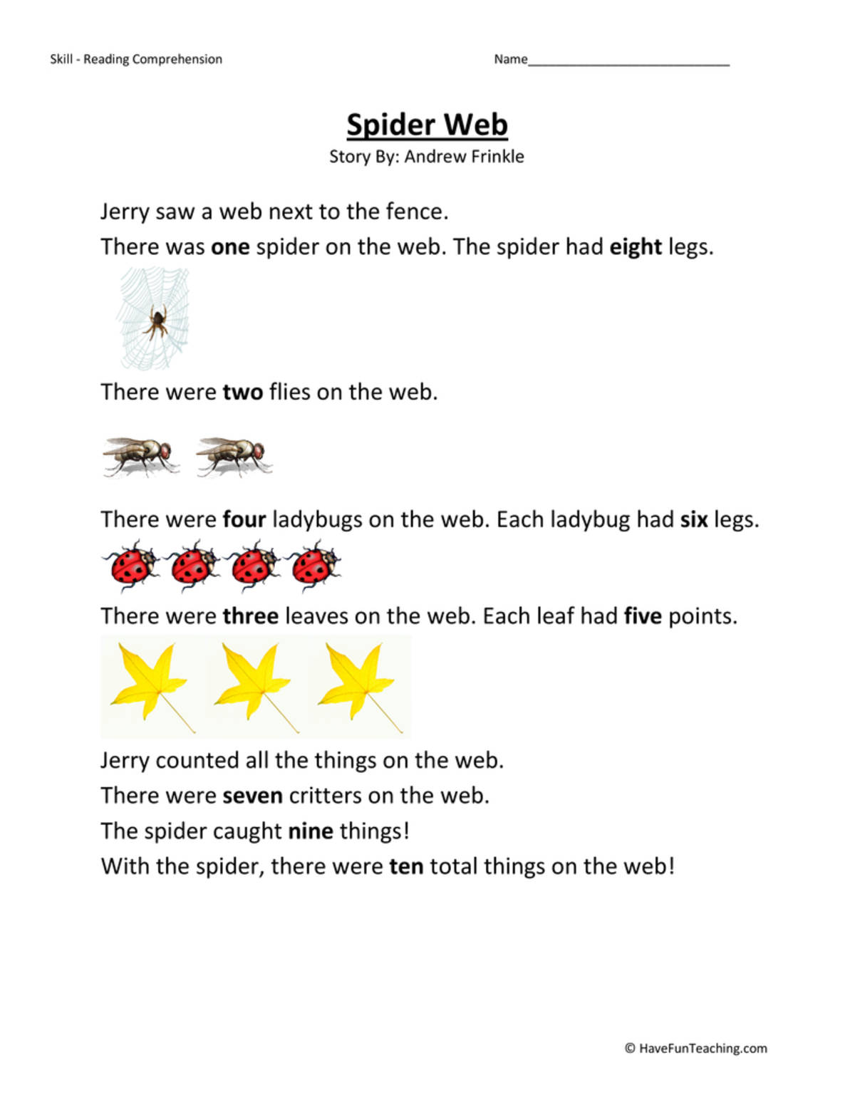 An educational teaching resource from Have Fun Teaching entitled Spider Web Reading Comprehension Worksheet downloadable at Teach Simple.
